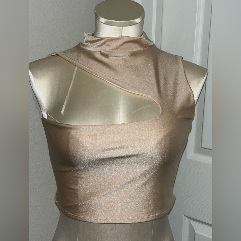 NWOT Sleek mock neck Cutout Crop Top - Metallic Gold